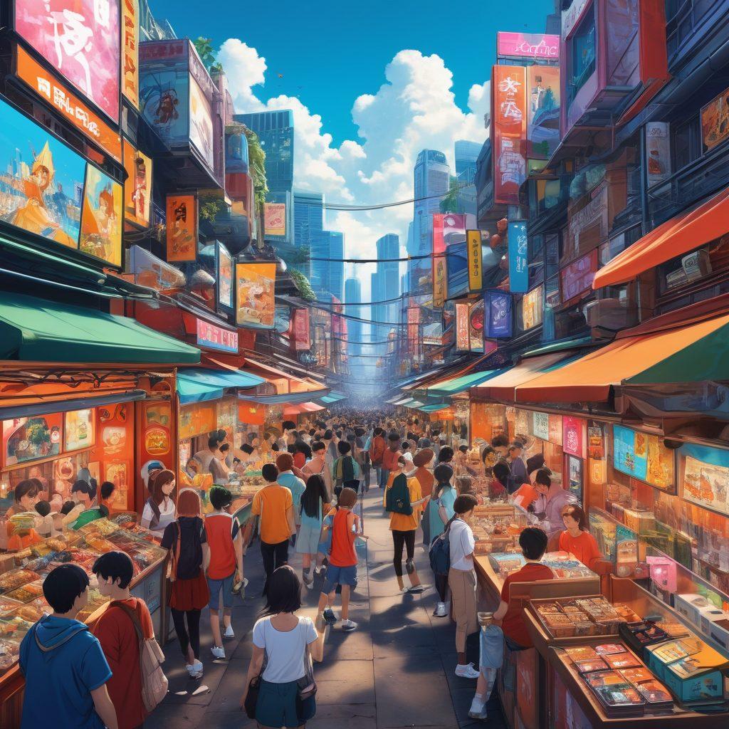 A vibrant anime-themed collage showcasing diverse characters from popular series in an energetic city setting. Include elements of gaming like controllers and merchandise stalls, along with lively anime fans interacting at an event. Add colorful banners and merchandise, emphasizing community spirit. super-realistic. vibrant colors. anime-inspired.
