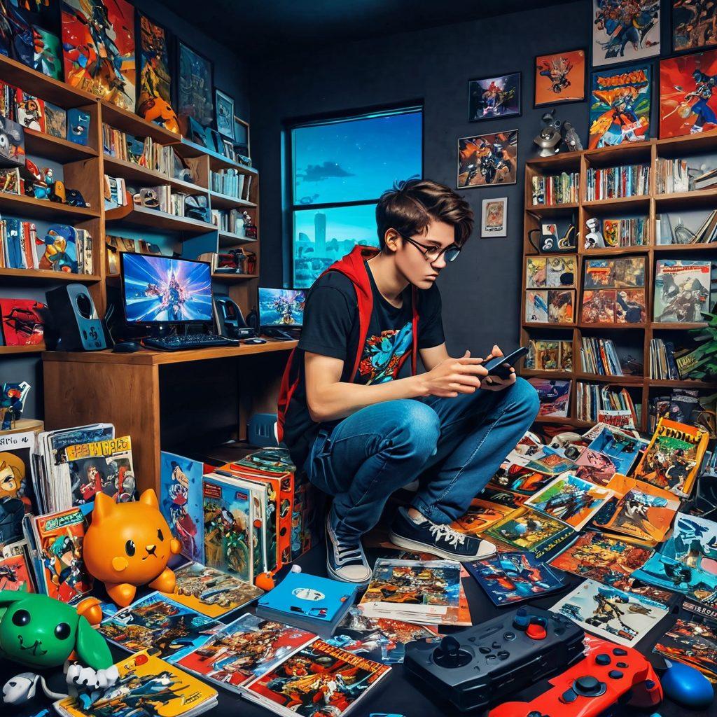 A vibrant scene depicting a split world: on one side, a gamer intensely focused on a console, surrounded by various gaming memorabilia, and on the other side, a colorful comic-book universe filled with iconic anime characters and manga art. The atmosphere showcases the blend of digital and traditional art while bursting with vivid colors and dynamic poses. The background features elements that represent both gaming and otaku culture, like pixelated graphics and comic page layouts. super-realistic. vibrant colors. dynamic composition.