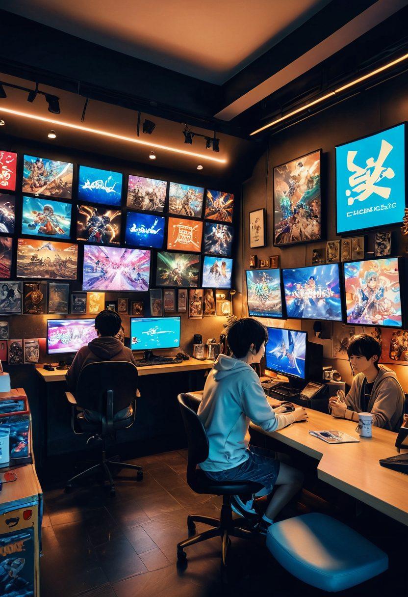 A vibrant and energetic scene depicting a group of diverse otaku fans in a cozy gaming cafe, surrounded by colorful anime posters and glowing screens. Include elements such as figurines, gaming consoles, and manga books scattered around, while a large digital display showcases iconic anime characters. The atmosphere should be lively, with bright lights and decorations that reflect the essence of anime culture. super-realistic. vibrant colors. 3D.